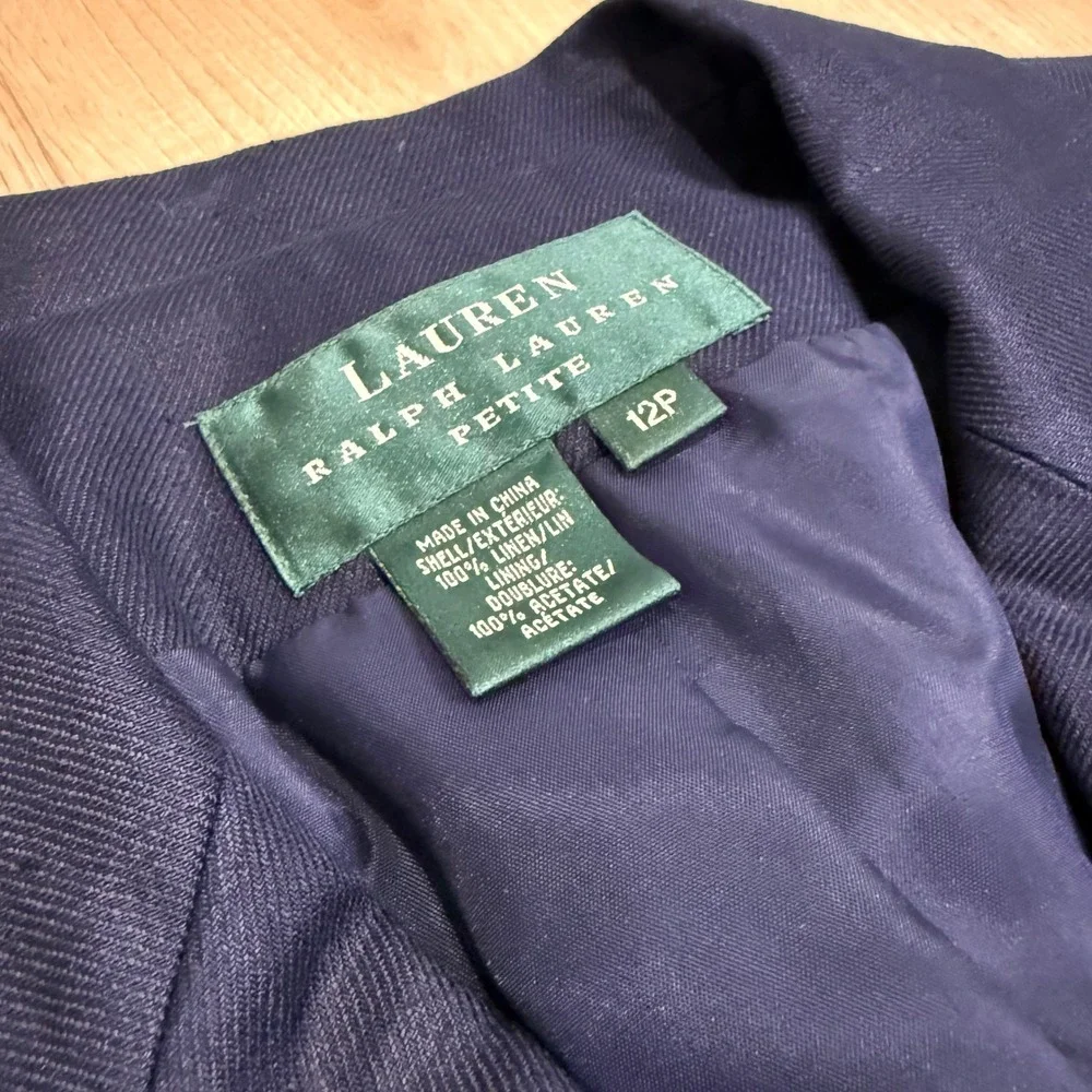 Lauren Ralph Lauren Skirt Suit Womens 12P Navy Blue Linen Double Breasted Blazer